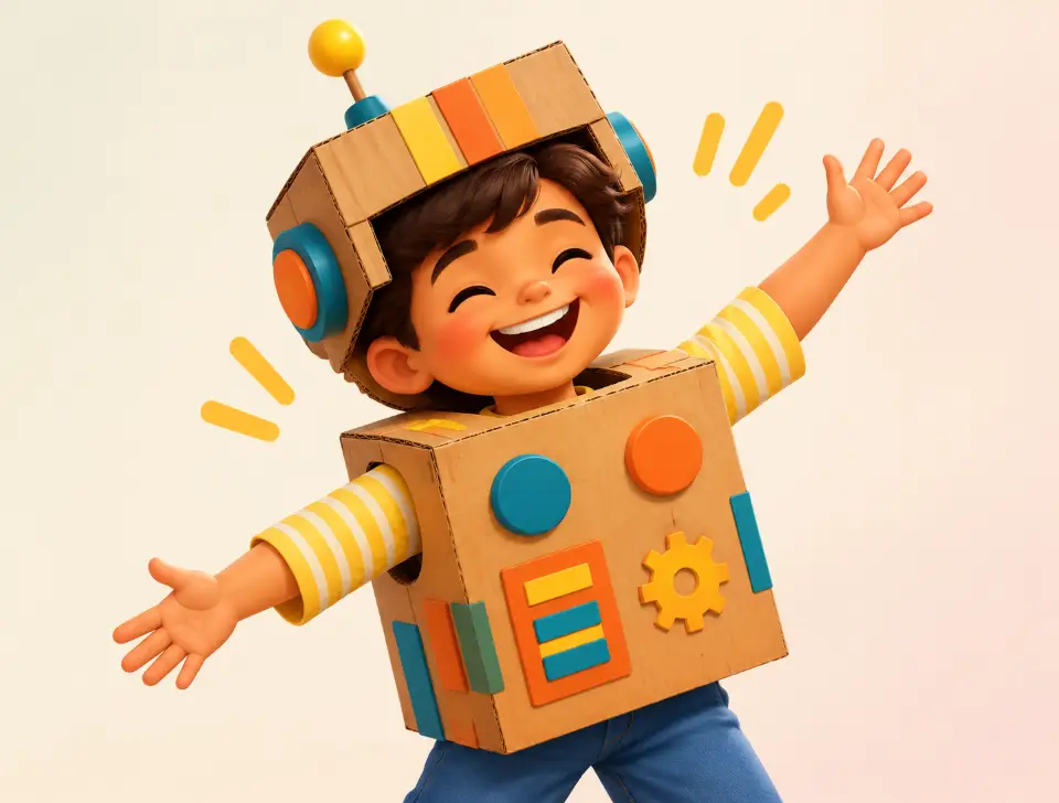 Niño feliz con los brazos abiertos, disfrazado de robot con una caja decorada
