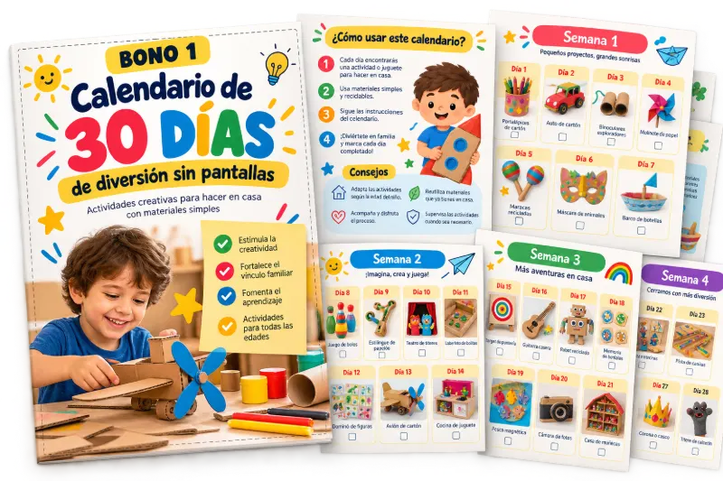 Portada del bono Calendario de 30 días de diversión sin pantallas, con páginas de actividades por semana