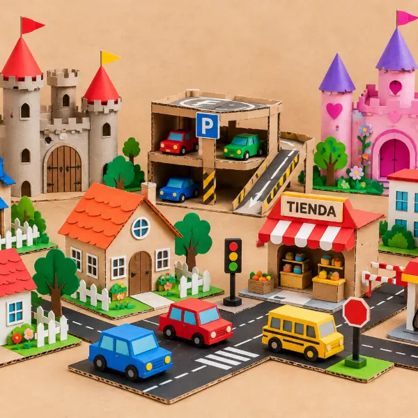 Casitas, castillos y una pequeña ciudad hechos en casa