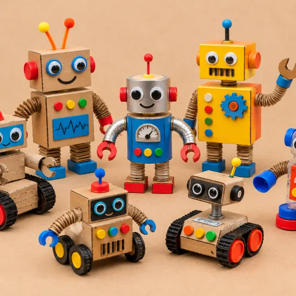 Robots caseros hechos con cajas, tapitas y material reciclado